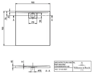 Villeroy & Boch Duschwanne Architectura 900x900x48mm Quadrat Weiß Alpin – Bild 3
