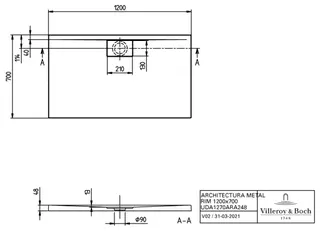 Villeroy & Boch Duschwanne Architectura 1200x700x48mm Rechteck Weiß Alpin – Bild 2