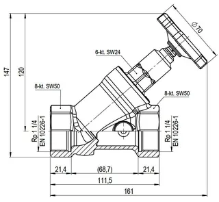comfort-Freistromventil A20 nichtsteig. mit Entleerung DN 32 (11/4") aus Messing – Bild 2