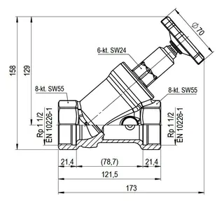 comfort-Freistromventil A20 nichtsteig. mit Entleerung DN 40 (11/2") aus Messing – Bild 2