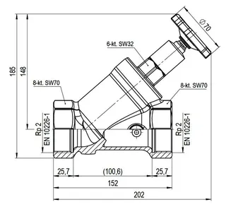 comfort-Freistromventil A20 nichtsteig. mit Entleerung DN 50 (2") aus Messing – Bild 2