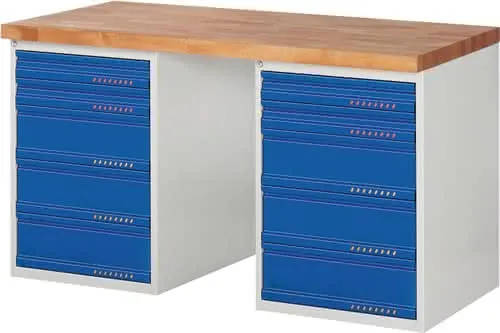 Werkbank Ser.BK 650 B1500xT700xH840mm Buche lichtgrau enzianblau