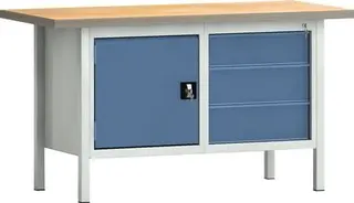 Werkbank PW 700 B1500xT700xH840mm Buche Multiplex grau brillantblau 3Schubl.1Tür
