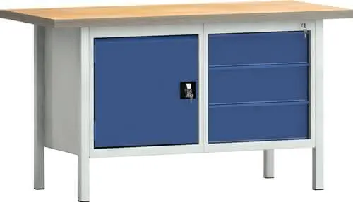 Werkbank PW 700 B1500xT700xH840mm Buche Multiplex grau enzianblau 3 Schubl.1 Tür