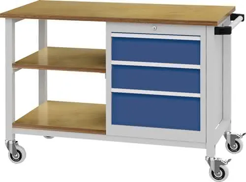 Werkbank B1200xT540xH880mm Buche Multiplex lichtgrau/signalblau 4 Schubl.