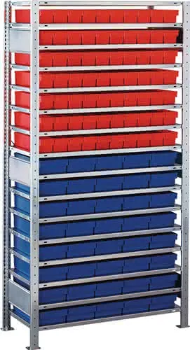 Steckregal H2000xB1000xT400mm Anbauregal 16 Böden 70xL 400mm rot/40xL 400mm blau