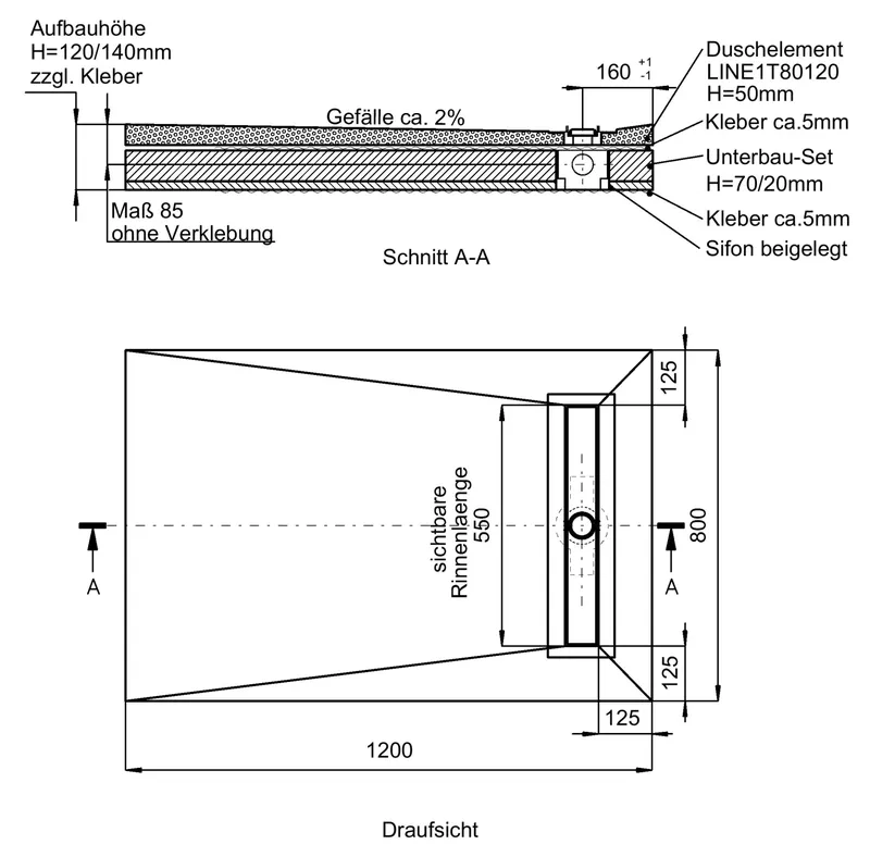 SD barr-frei Dusche LINE Rinne TECE 800x1200 (Rinne 550 mm)