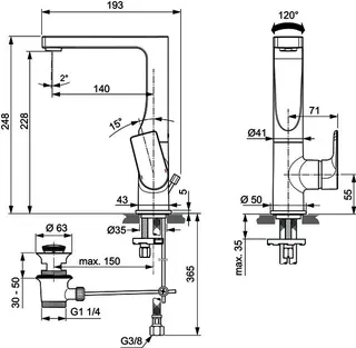 Ideal Standard Waschtisch-Armatur Edge, 5 l/min, m.Ablgarn., m.hohem schwenkb.Ausl.,Ausld.140mm,Chrom – Bild 4