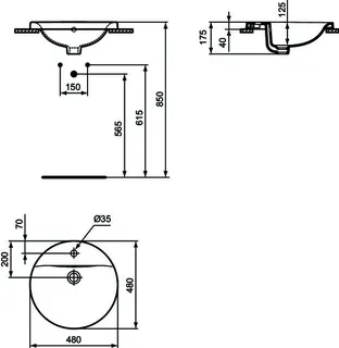 Ideal Standard Einbauwaschtisch Connect, rund, 1 Hahnloch, mit Überlauf, 480x480x175mm, Weiß – Bild 2