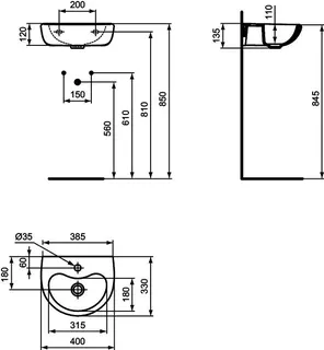 Ideal Standard Waschtisch Contour21 Schools, 1 Hahnloch, ohne Überlauf, 400x330x135mm, Weiß – Bild 2