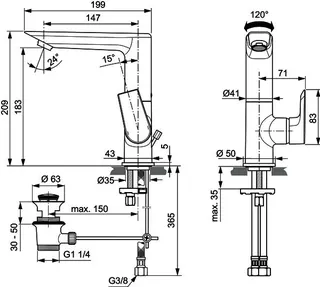 Ideal Standard Waschtisch-Armatur Tesi, 5 l/min.,m.Ablgarn., m.hohem schwenkb.Ausl.,Ausld.147mm,Chrom – Bild 2