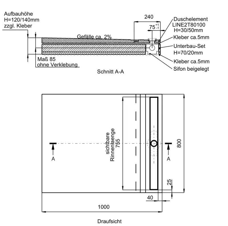 SD barr-frei Dusche LINE Rinne TECE 800x1000 (Rinne 750 mm)