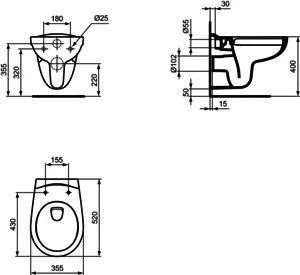Ideal Standard Wand-T-WC Eurovit, o.Spülrand, 355x520x350mm, Weiß – Bild 2
