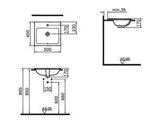 VitrA Einbauwaschtisch S20 500 x 450 mm rechteckig Hahnloch Überlaufl. Weiß HG – Bild 2