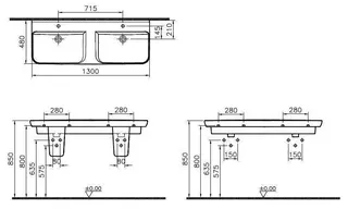 VitrA Doppelwaschtisch Sento 1300 x 480 mm 2 Hahnlöcher 2 Überlauflöcher Weiß HGL – Bild 2