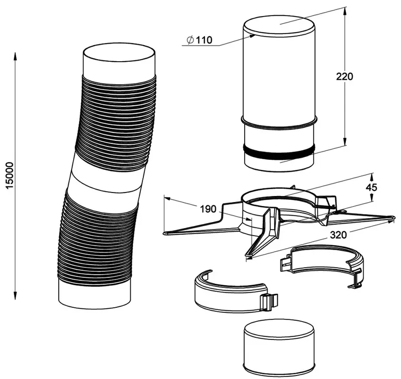 MHG Rohr, flexibel, 15,0 m, DN 110 mit Montageset, für Abgasleitung Atec