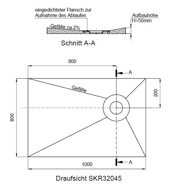 SD barr-frei Dusche PLAN Abl. KESSEL R 1000x800x50 Abl.800/200