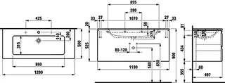 Laufen WT+WTU PRO S SET 500x1200x545 2 Hahnlochmit Überlauf 2 Schubl. Griffmulde weiß/graphit – Bild 2
