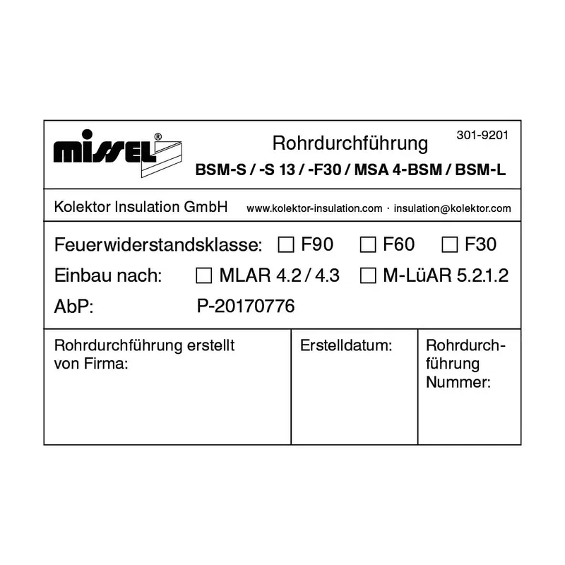 Missel Kennzeichnungsschild für BSM-S, BSM-S13, MSA 4-BSM, BSM-L
