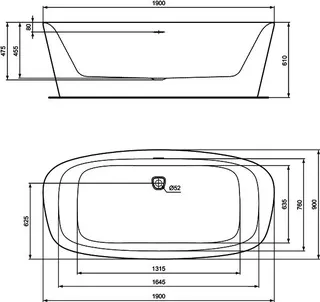 Ideal Standard freistehende Duo-Badewanne DEA m.Ablauf, 1900x900x475/610mm, Seidenweiß – Bild 5