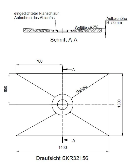 SD barr-frei Dusche PLAN Abl. KESSEL R 1400x1300x50 Abl.mittig