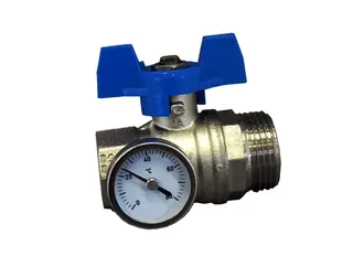 OVENTROP-Kugelhahn, blauer Griff m.Thermometer, 1"IG x 1"AG, flachdicht.