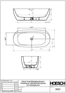 Hoesch Badewanne iSensi Oval 1900x900 freist. Monolith, ang. Sch. Weiß – Bild 3