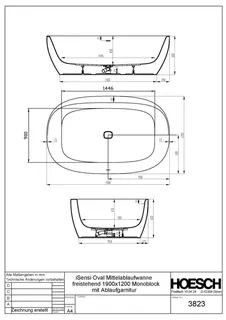 Hoesch Badewanne iSensi Oval 1900x1200 freist. Monolith, ang. Sch. Weiß – Bild 3