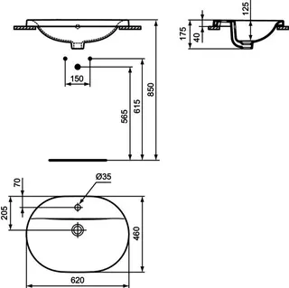 Ideal Standard Einbauwaschtisch Connect, oval, 1 Hahnloch, mit Überlauf, 620x460x175mm, Weiß – Bild 5