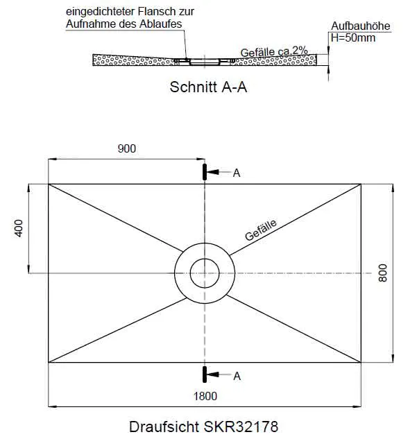 SD barr-frei Dusche PLAN Abl. KESSEL R 1800x800x50 Abl.mittig