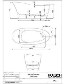 Hoesch Badewanne Namur Lounge 1800x800 freistehend Material Solique, Weiß – Bild 2