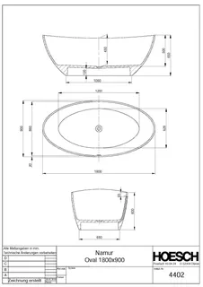 Hoesch Badewanne Namur 1800x900 freistehend Material Solique, Weiß – Bild 2