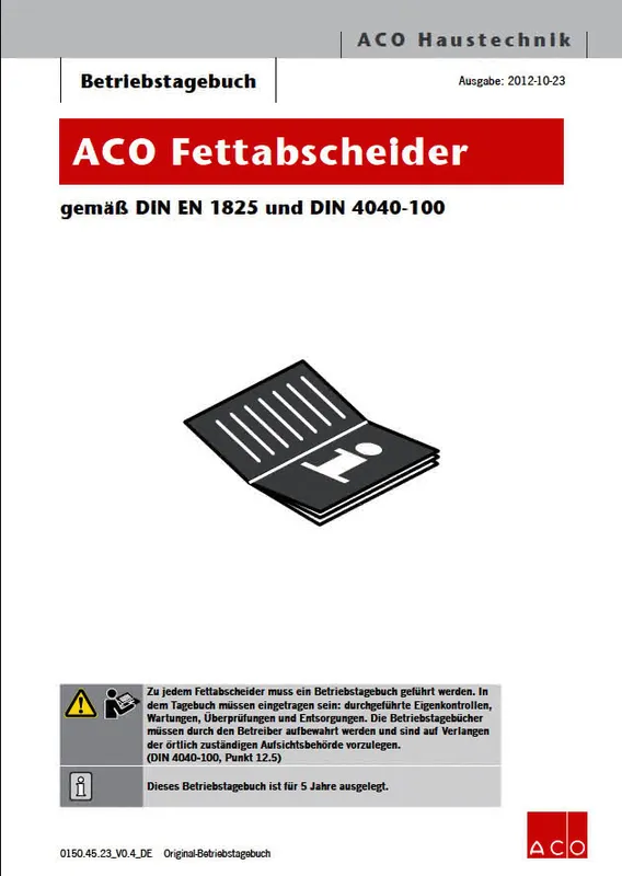 ACO Betriebstagebuch Fettabscheider