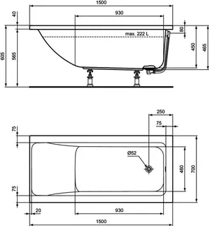 Ideal Standard Körperform-Badewanne Connect Air, 1500x700x475mm, Weiß – Bild 3