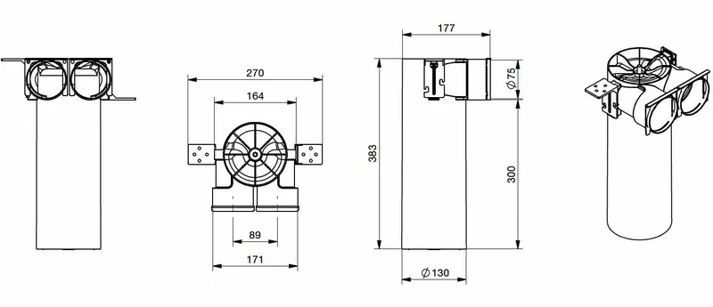 comfort-KWL-Luftdurchlassgehäuse Anschl. DN 125 an 2 x DN75 Rohr Basic 385mm hoch