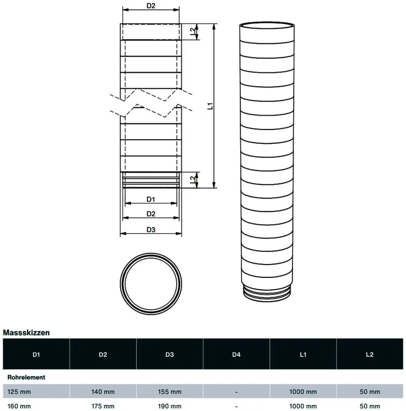 comfort-KWL-compact-Rohr 1000 mm lang Nennlänge 950 mm DN 125 EPP D=155/125mm