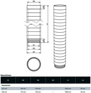 comfort-KWL-compact-Rohr 1000 mm lang Nennlänge 950 mm DN 125 EPP D=155/125mm