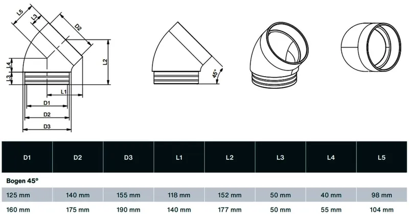 comfort-KWL-compact-Bogen DN 125 45 Grad aus EPP D=155/125mm