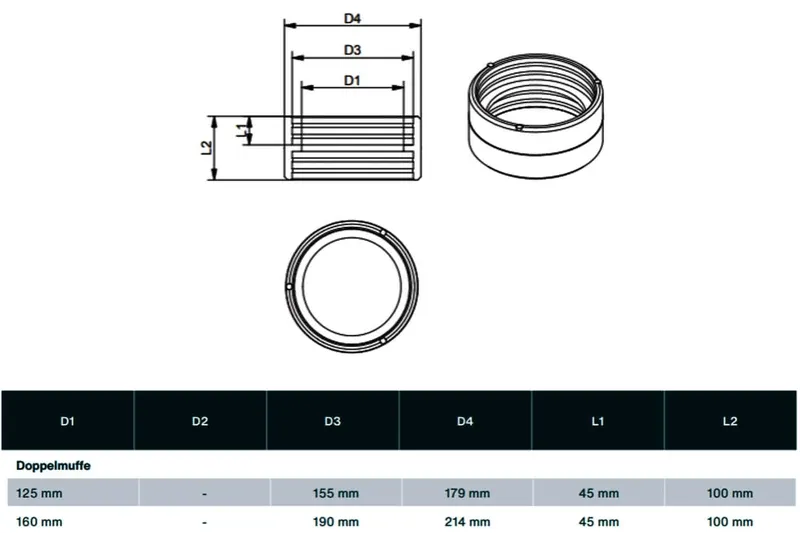 comfort-KWL-compact-Doppelmuffe DN 125 D=179/155mm