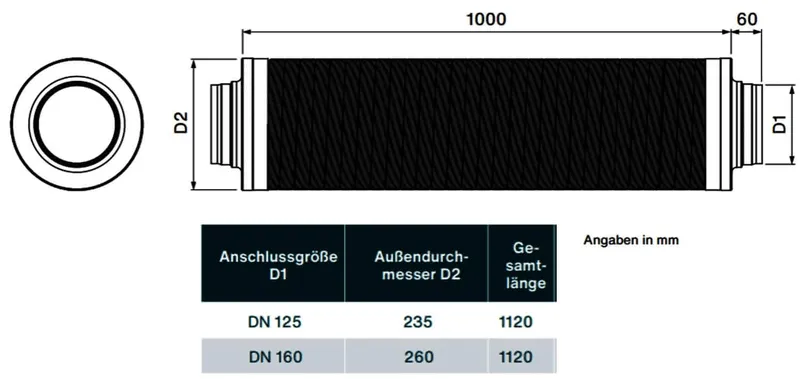 comfort-KWL-Telefonieschalldämpfer DN160 1000mm lang ohne Stutzen flexibel