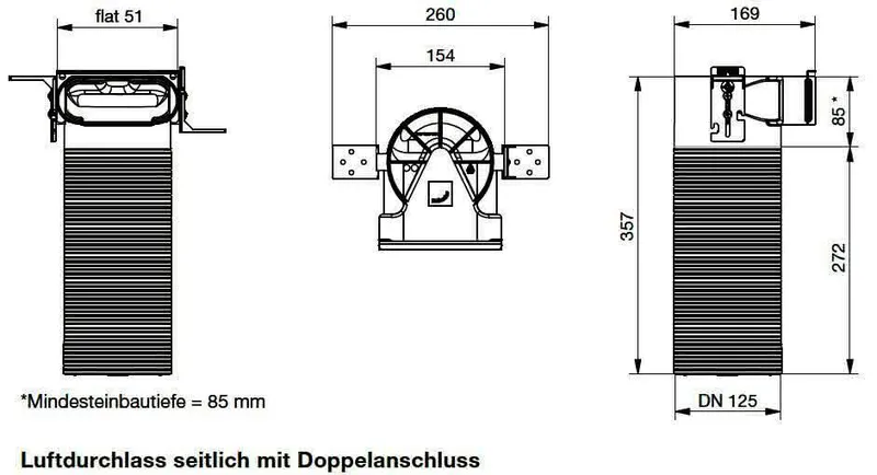 comfort-KWL-Luftdurchlassgehäuse DN 125 mit 90 Grad Winkel für Flatrohr