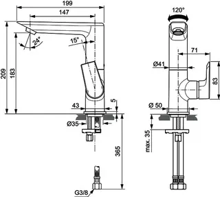 Ideal Standard Waschtisch-Armatur Tesi, 5 l/min.,o.Ablgarn., m.hohem schwenkb.Ausl.,Ausld.147mm,Chrom – Bild 2