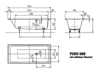 Kaldewei Badewanne PURO MIT SEITLICHEM ÜBERLAUF Mod. 688,1700x700mm,pergamon – Bild 3