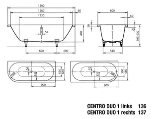 Kaldewei Badewanne CENTRO DUO 1 LINKS Mod.136,1800x 800mm,pergamon – Bild 3