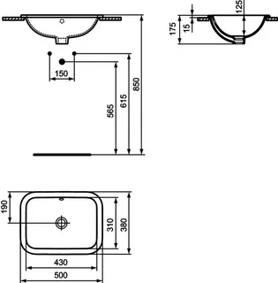 Ideal Standard Einbauwaschtisch Connect, rechteckig, ohne Hahnloch, mit Überlauf, 500x380x175mm, Weiß – Bild 5