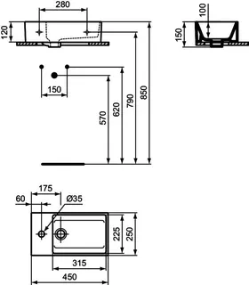 Ideal Standard Handwaschbecken Extra, 1 Hahnloch, mit Überlauf, Ablage links, 450x250x150mm, Weiß – Bild 5