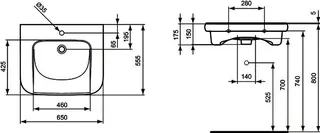 Ideal Standard Waschtisch Contour 21, 1 Hahnloch, ohne Überlauf, unterfahrbar, 650x555x175mm, Weiß – Bild 5