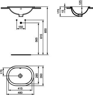 Ideal Standard Einbauwaschtisch Connect, oval, ohne Hahnloch, mit Überlauf, 480x350x175mm, Weiß – Bild 2