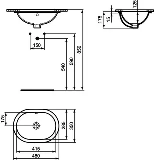 Ideal Standard Unterbauwaschtisch Connect, oval, ohne Hahnloch, mit Überlauf, 480x350x175mm, Weiß – Bild 4