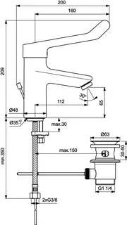 Ideal Standard Waschtisch-Armatur Ceraplus m.Klinikhebel m.Ablgarn. Ausld. 112mm Chrom – Bild 4